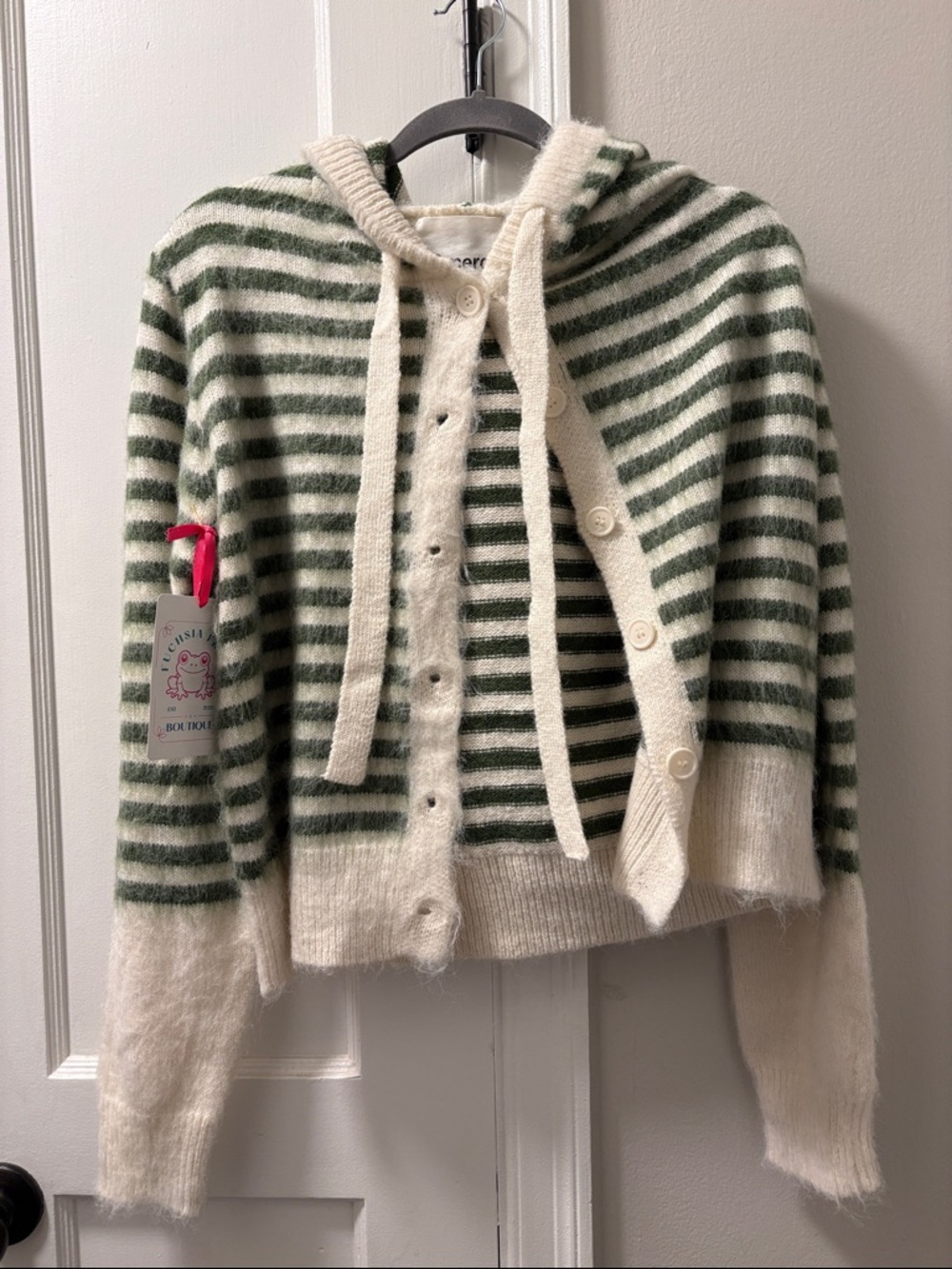 Striped Green and Cream Knit Hooded Cardigan Sweater